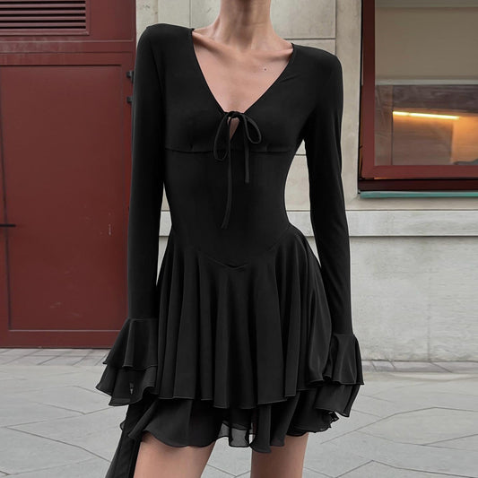 MB1321 Long Sleeve Tie-Front Mini Dress with Bell Cuffs