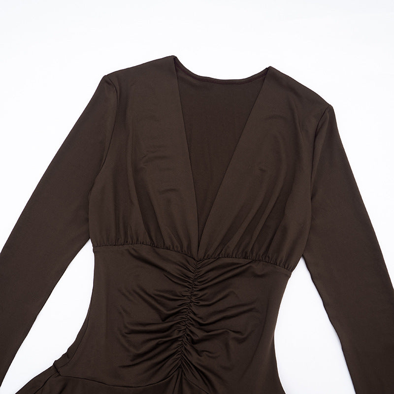 MB1446 Women's Brown V Neck Ruched Fit and Flare Dress