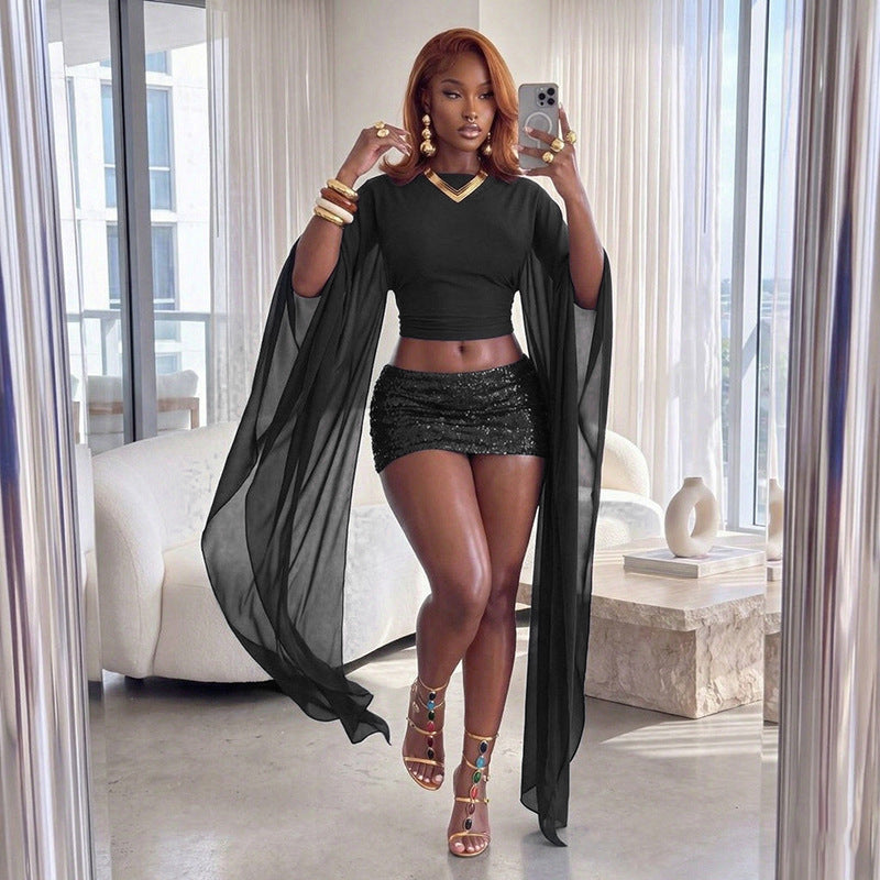 MB10209 Sheer Mesh Top Flare Floor‑Length Draped Long Sleeve