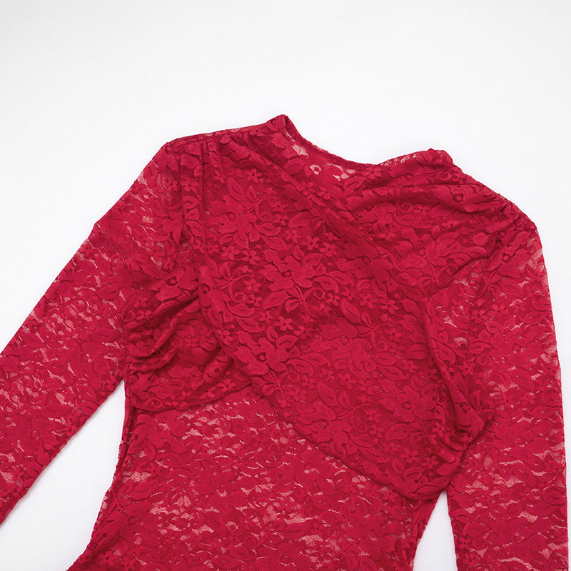 MB10117 Lace Sheer Bodycon Dress with Fur Cuff Detail