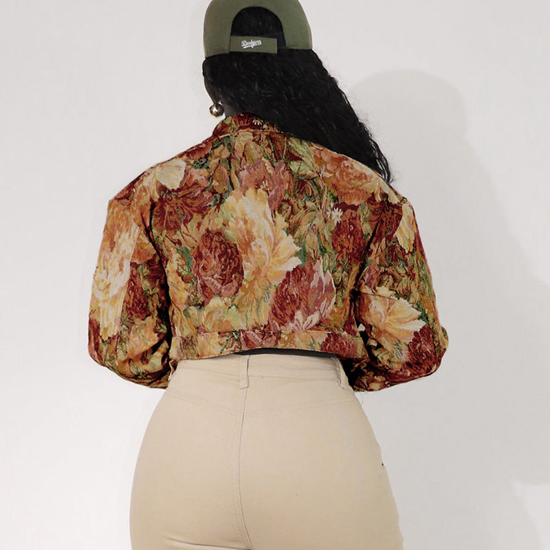 MB10105 Vintage Floral Jacquard Crop Collared Jacket