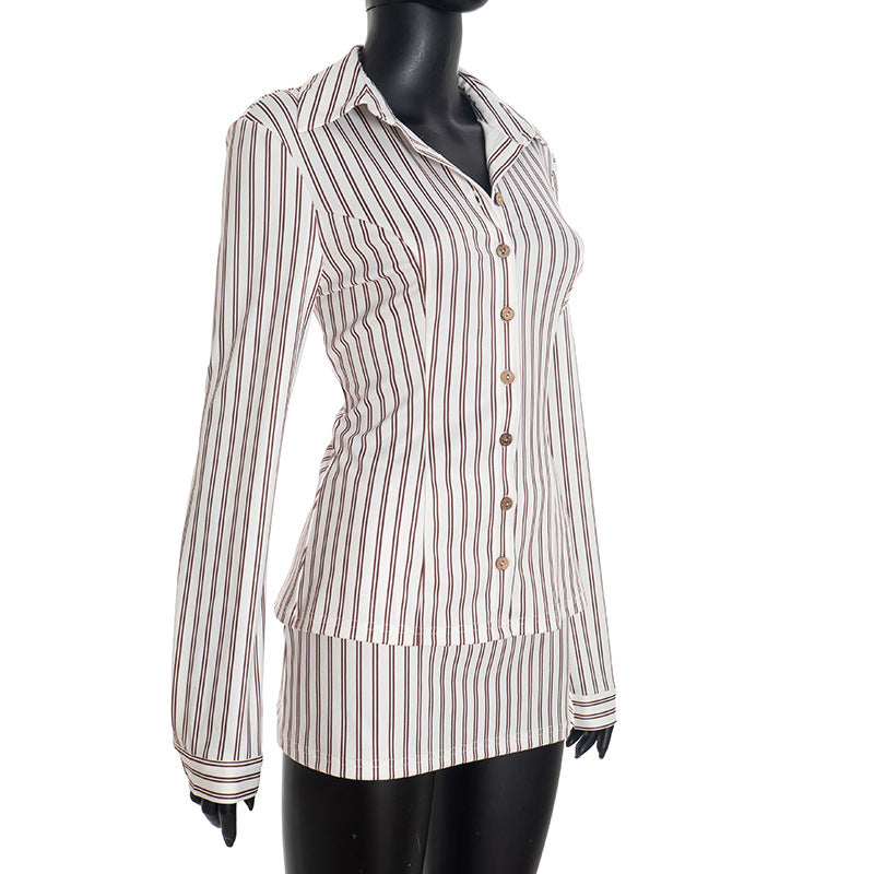 MB10127 Women's Stripe Button Shirt & Bodycon Skirt Two Piece Set
