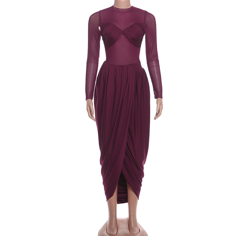 MB1518 Burgundy Mesh Ruched Long Sleeve Maxi Dress