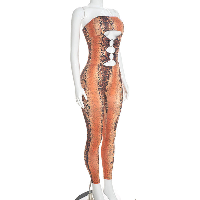 MB10192 Women Snake‑Print Strapless Bodycon Jumpsuit