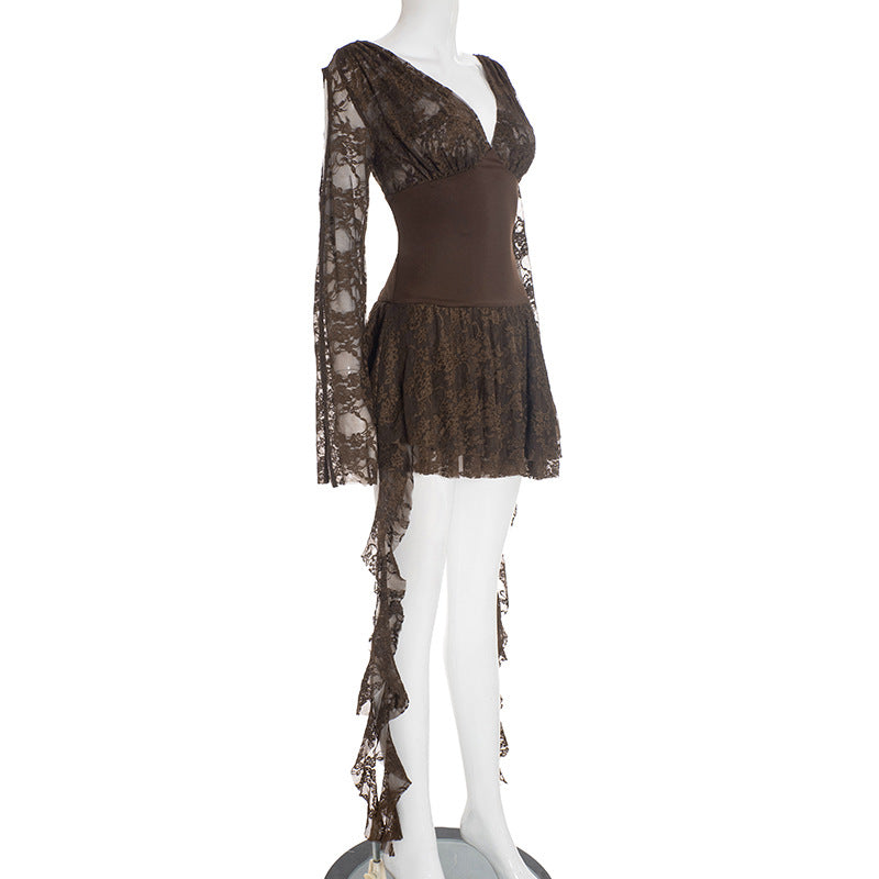 MB1415 Brown Lace Long Sleeve Mini Dress for Women