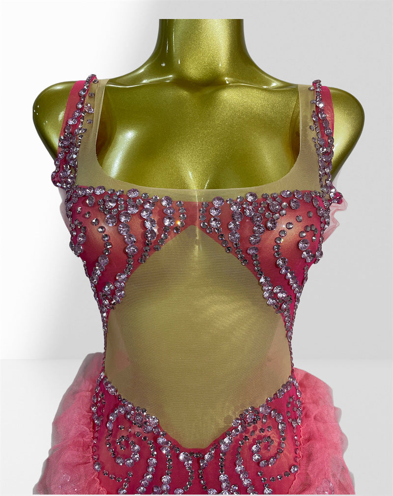 MB2109 Pink Rhinestone Mesh Dress, Ruffle Tulle Fringe Party Latin Dance Performance Gown