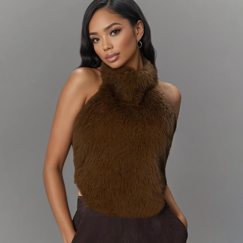 MB1092 Faux Fur Halter Backless Crop Top for Women