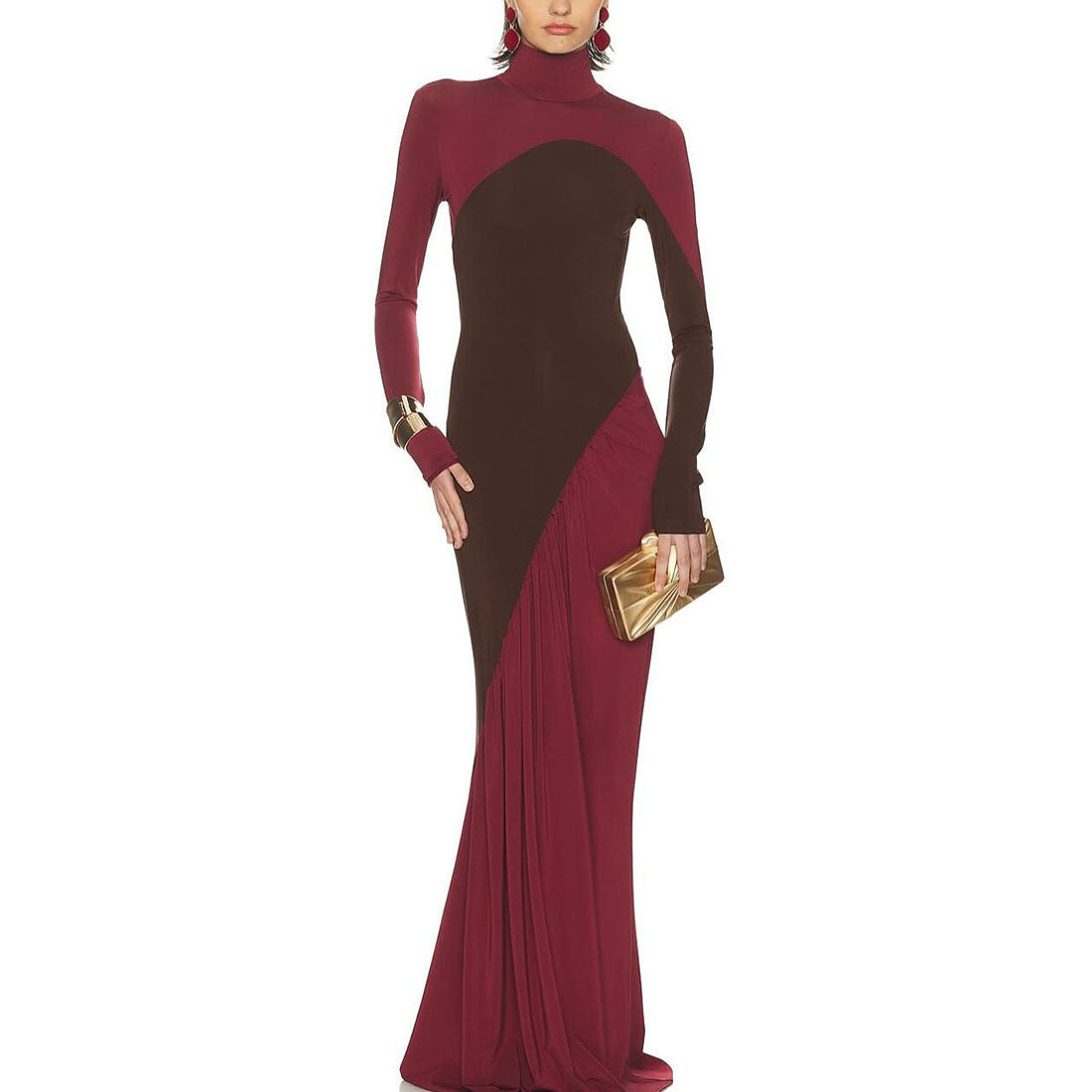 MB1515 Color Block Turtleneck Maxi Dress