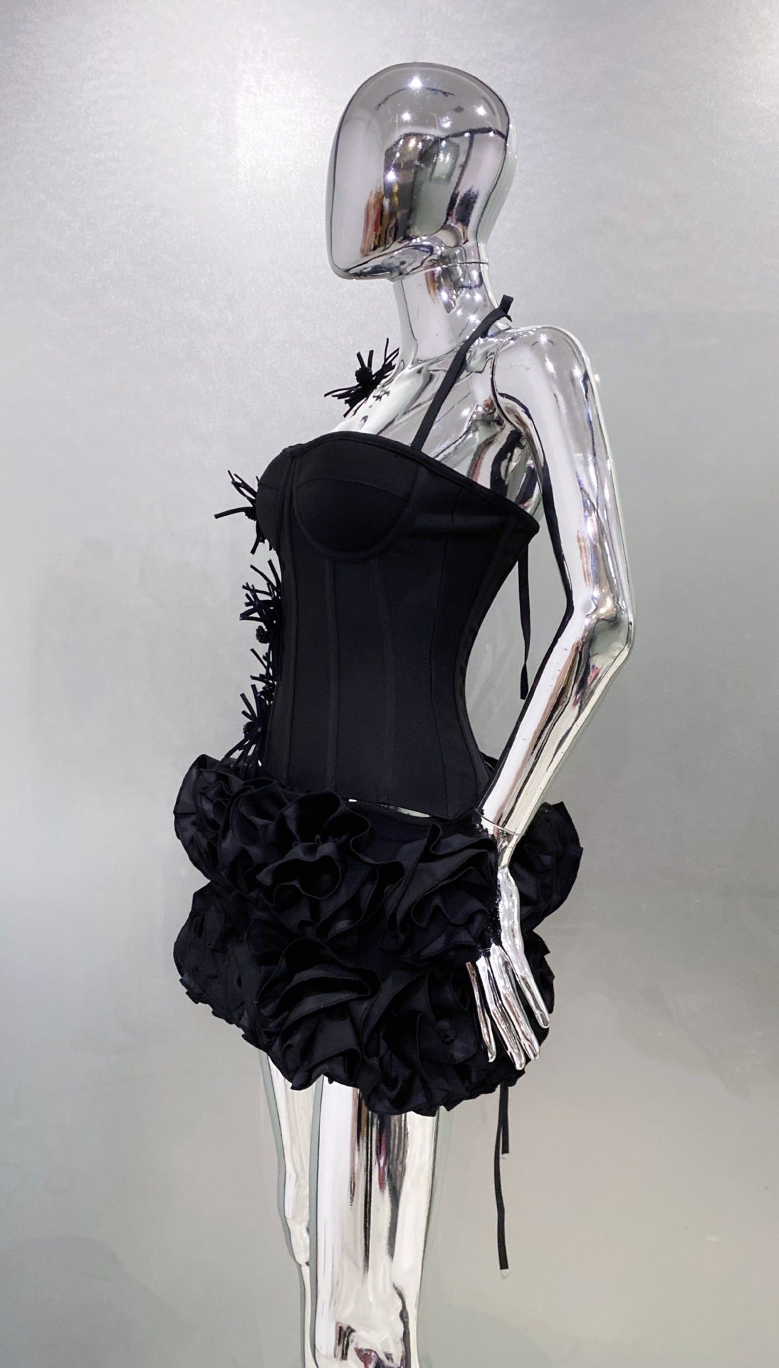 MB2110 3D Floral Ruffle Two‑Piece Bandage Set, Halter Top Mini Skirt utfit