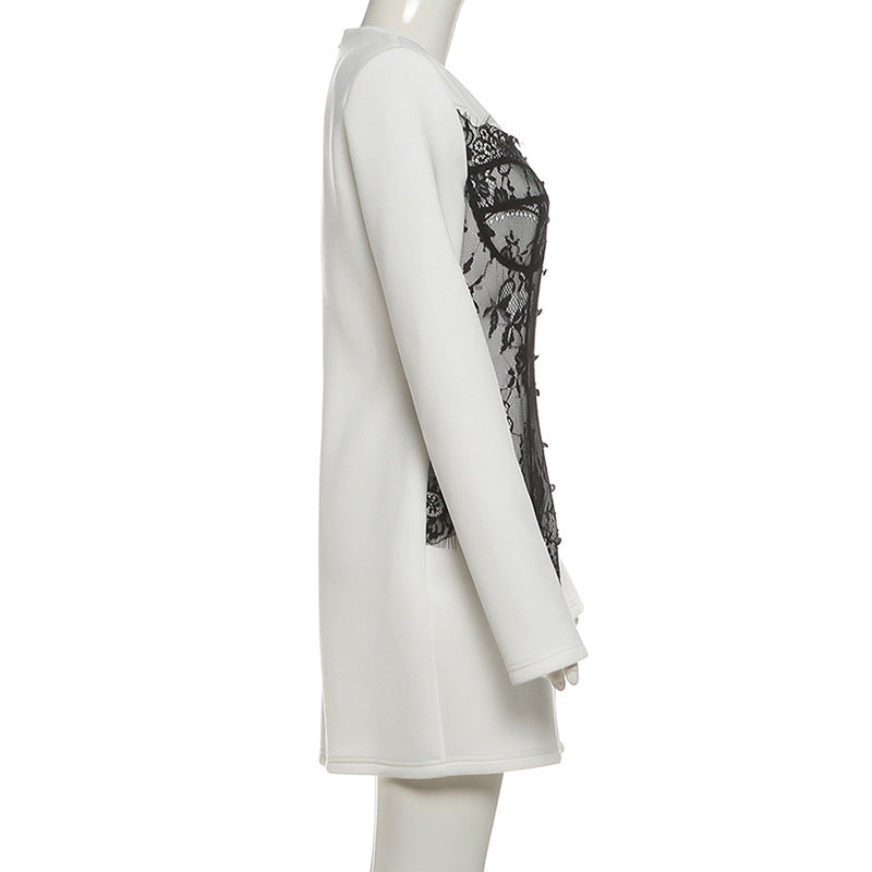 MB1130 White & Black Contrast Lace Mini Dress