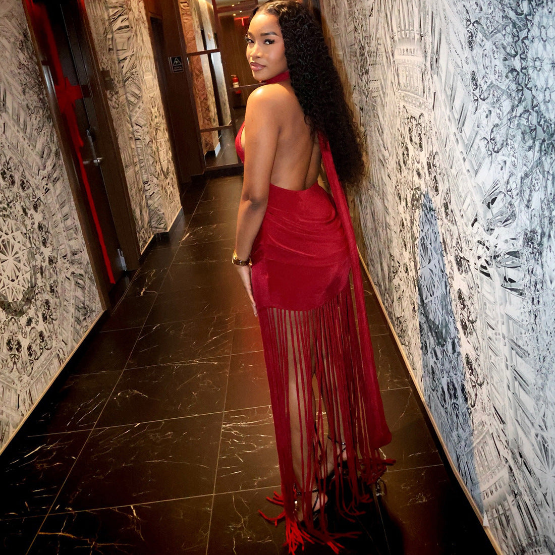 MB1158 Women's Halter Neck Maxi Dress with Long Fringe Tassels