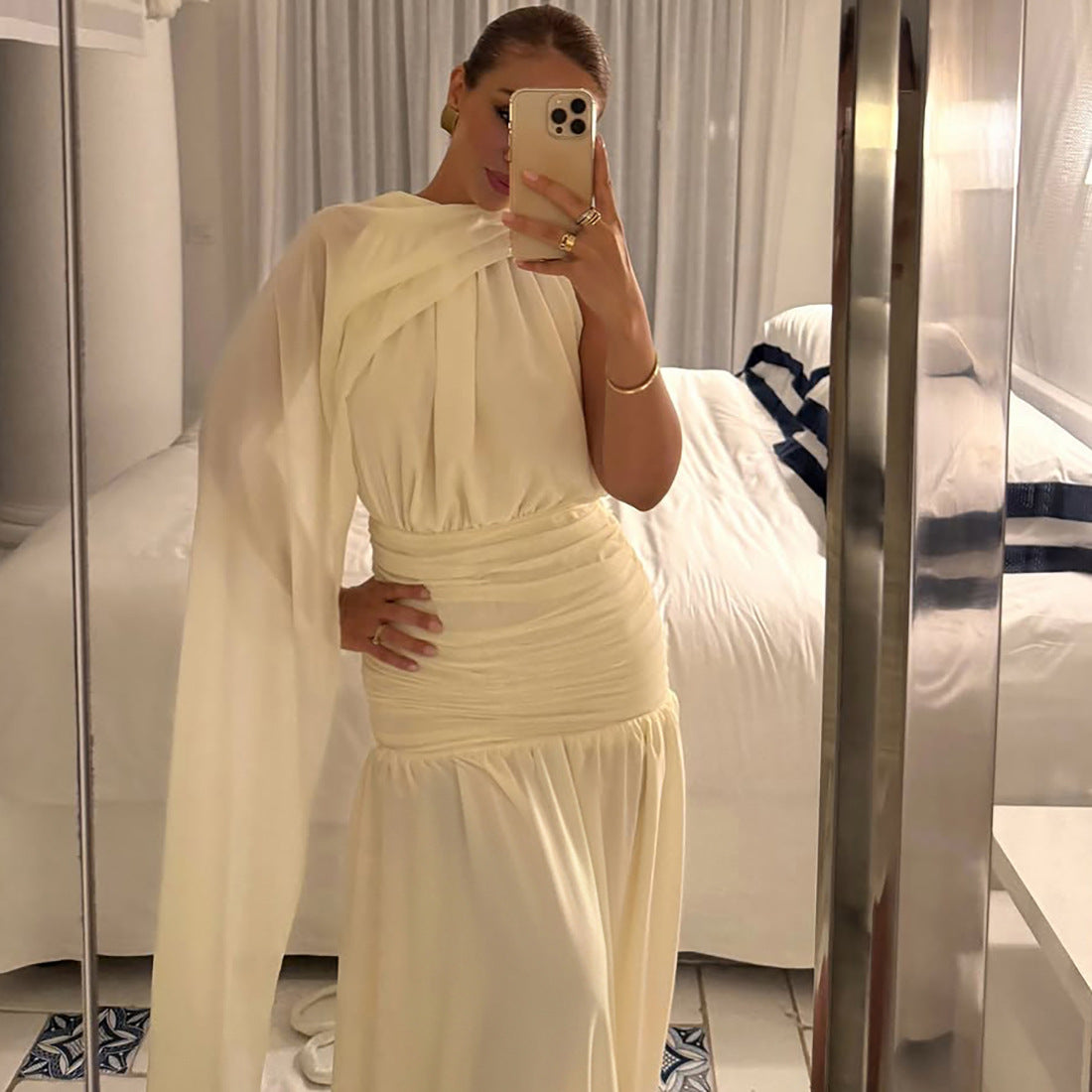 MB1121 Cape Back Ruched Maxi Dress