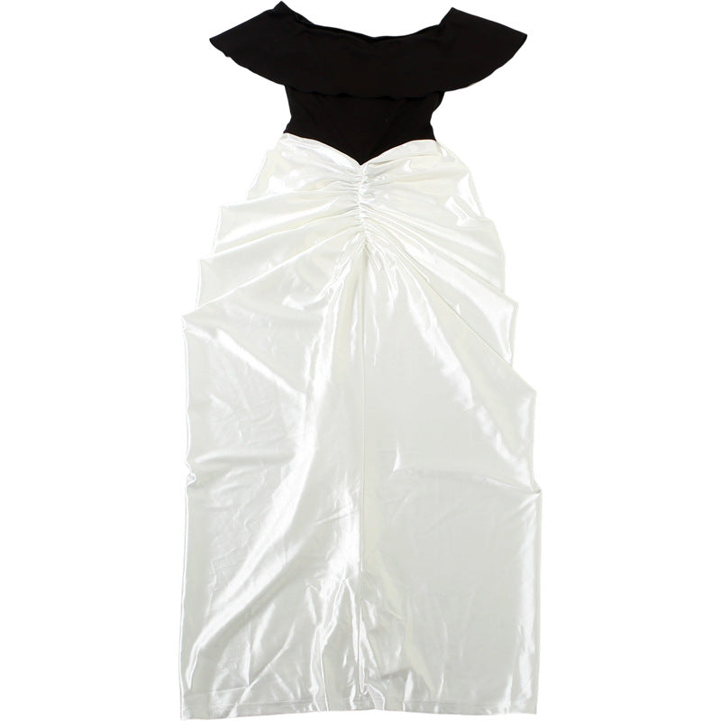 MB1120 Black White Color Block Ruched Waist Bodycon Evening Gown