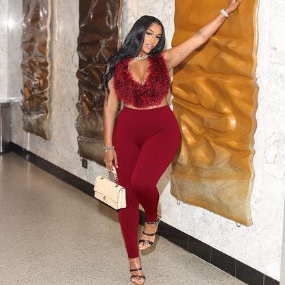 MB1017 Fuzzy Cropped Top and High Waisted Leggings Set