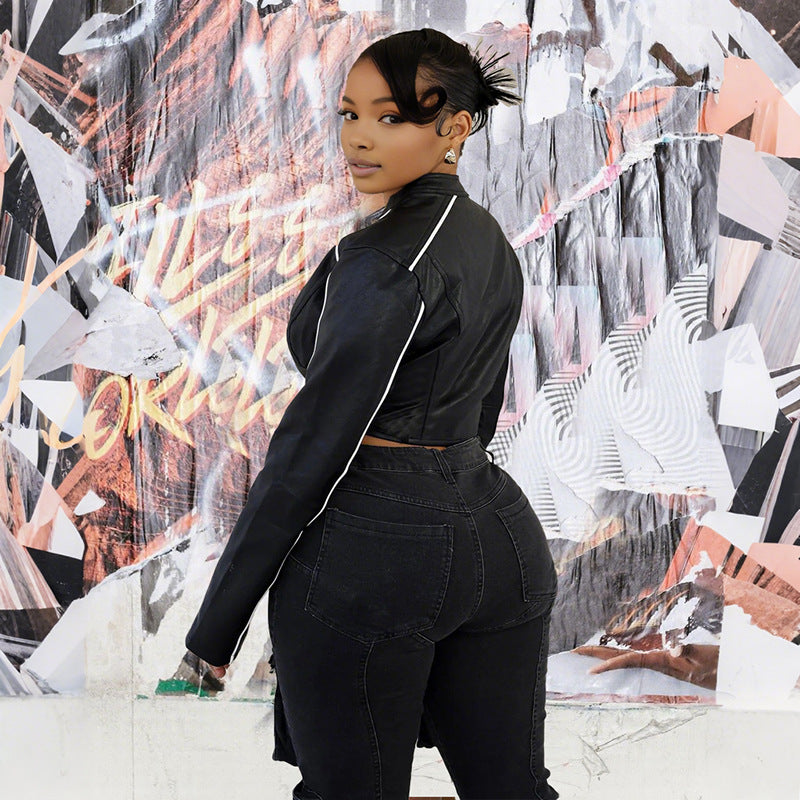 MB1529 Women's Faux Leather Zip Up Crop Jacket