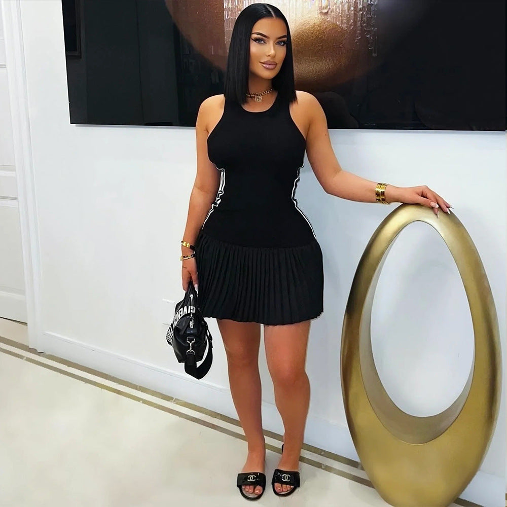 MB1204 Women's Sleeveless Crew Neck Pleated Mini Dress