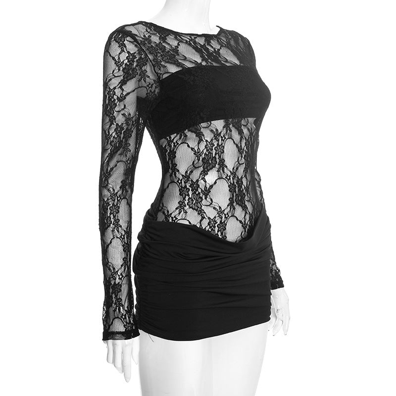 MB1430 Black Sheer Lace Bodycon Mini Dress