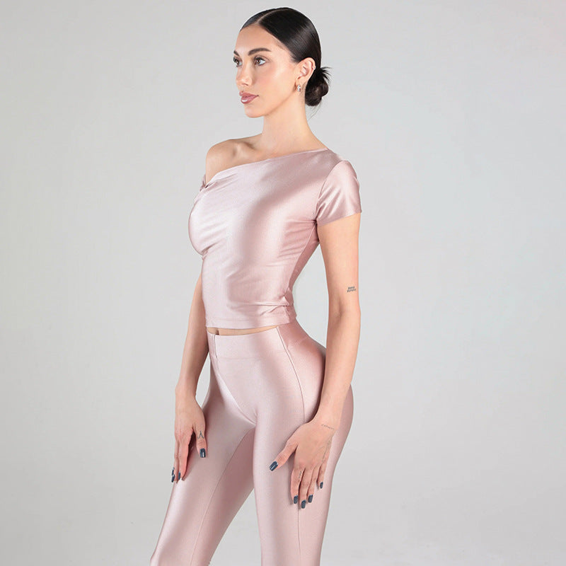 MB10155 Women's One Shoulder Crop Top with Capri Pants 2 Piece Set