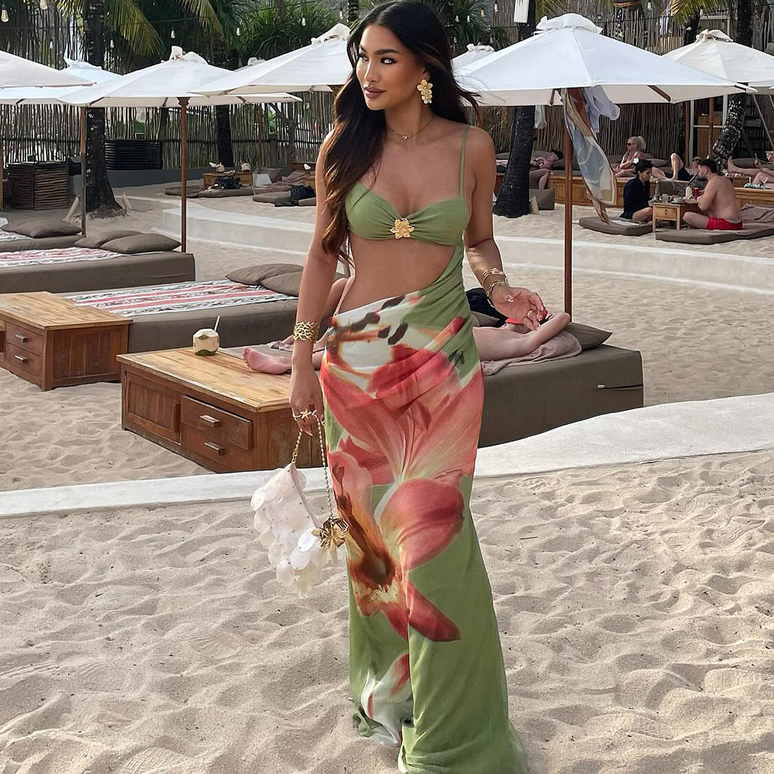MB1169 Green Lily Print Cut Out Maxi Dress | Spaghetti Strap Backless Bodycon Gown