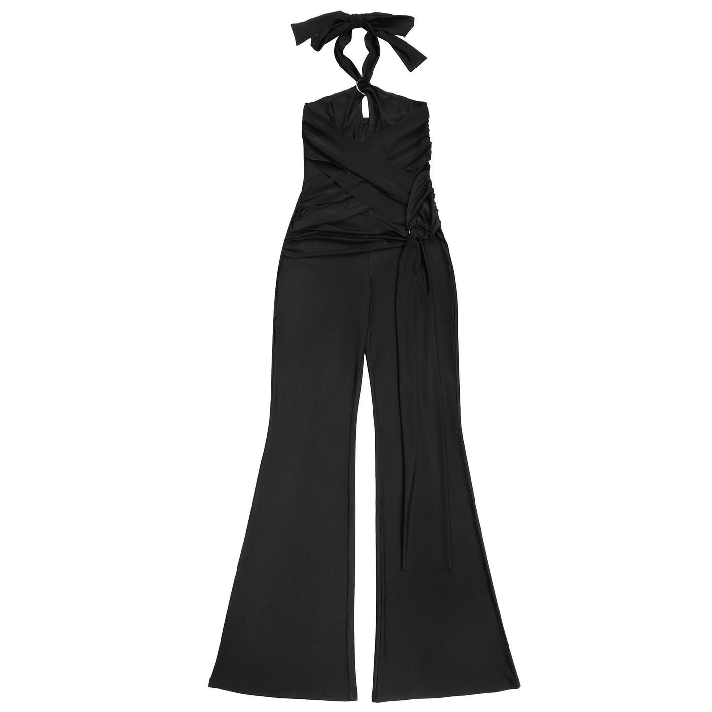 MB1603 Halter Formal Jumpsuit - Cutout Chest Crisscross Ruched Flared Leg