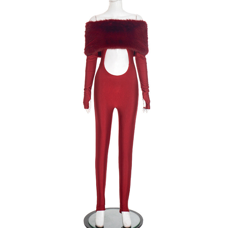 MB10140 Women’s Off-Shoulder Faux Fur Trim Cutout Jumpsuit
