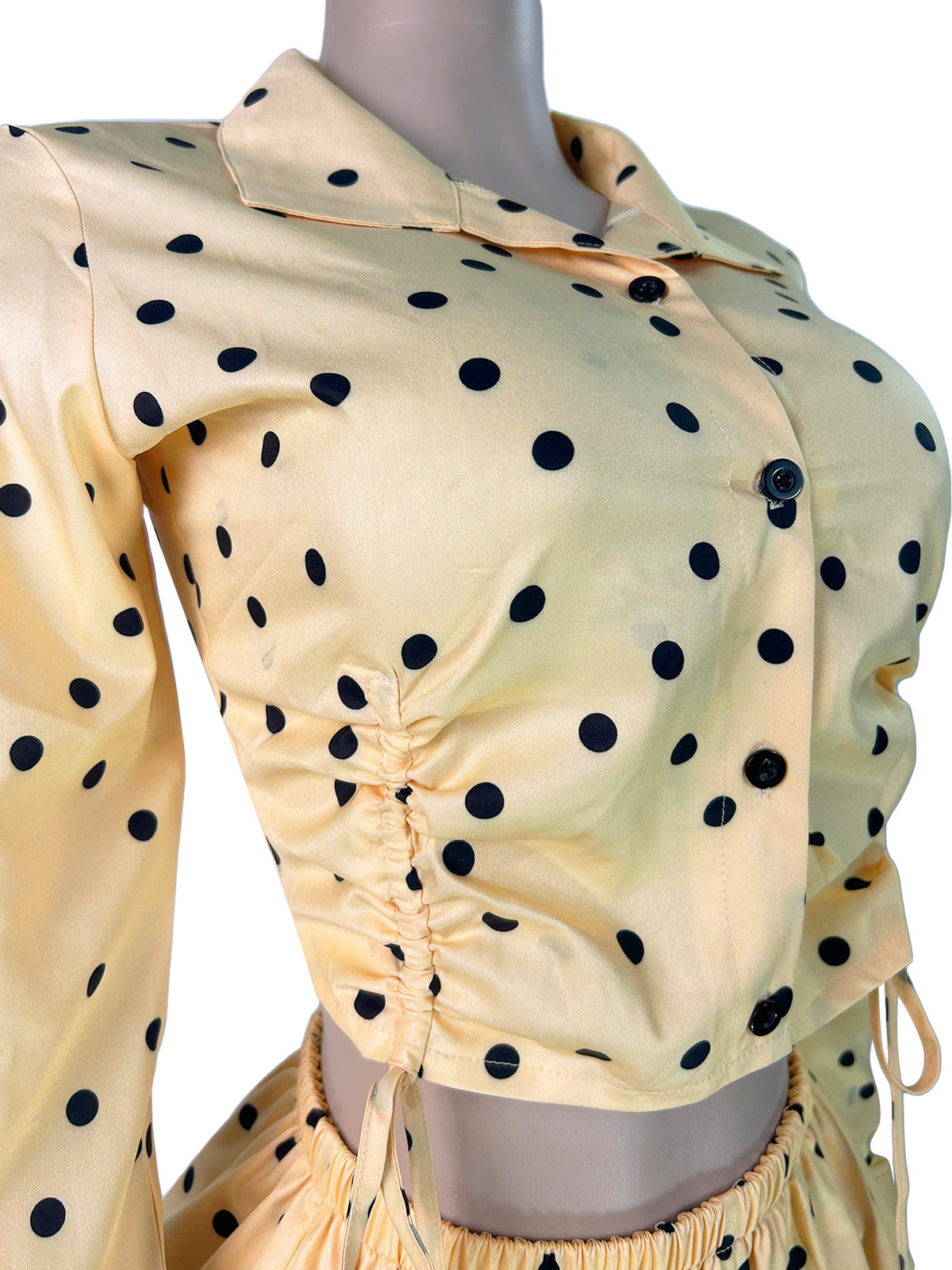 MB1730 Polka‑Dot Ruched Crop Shirt & Puffy Shorts 2‑Piece Set