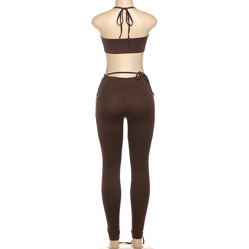 MB1807 Women's Nude Halter Bandeau Crop Top & Waist-Leg Lace-Up High-Waist Leggings Two-Piece Outfit