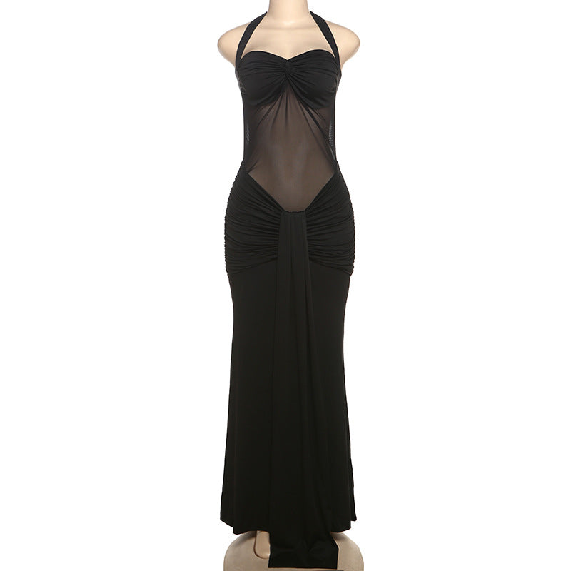 MB1816 Women's Sheer Mesh Halter Ruched Mermaid Maxi Dress