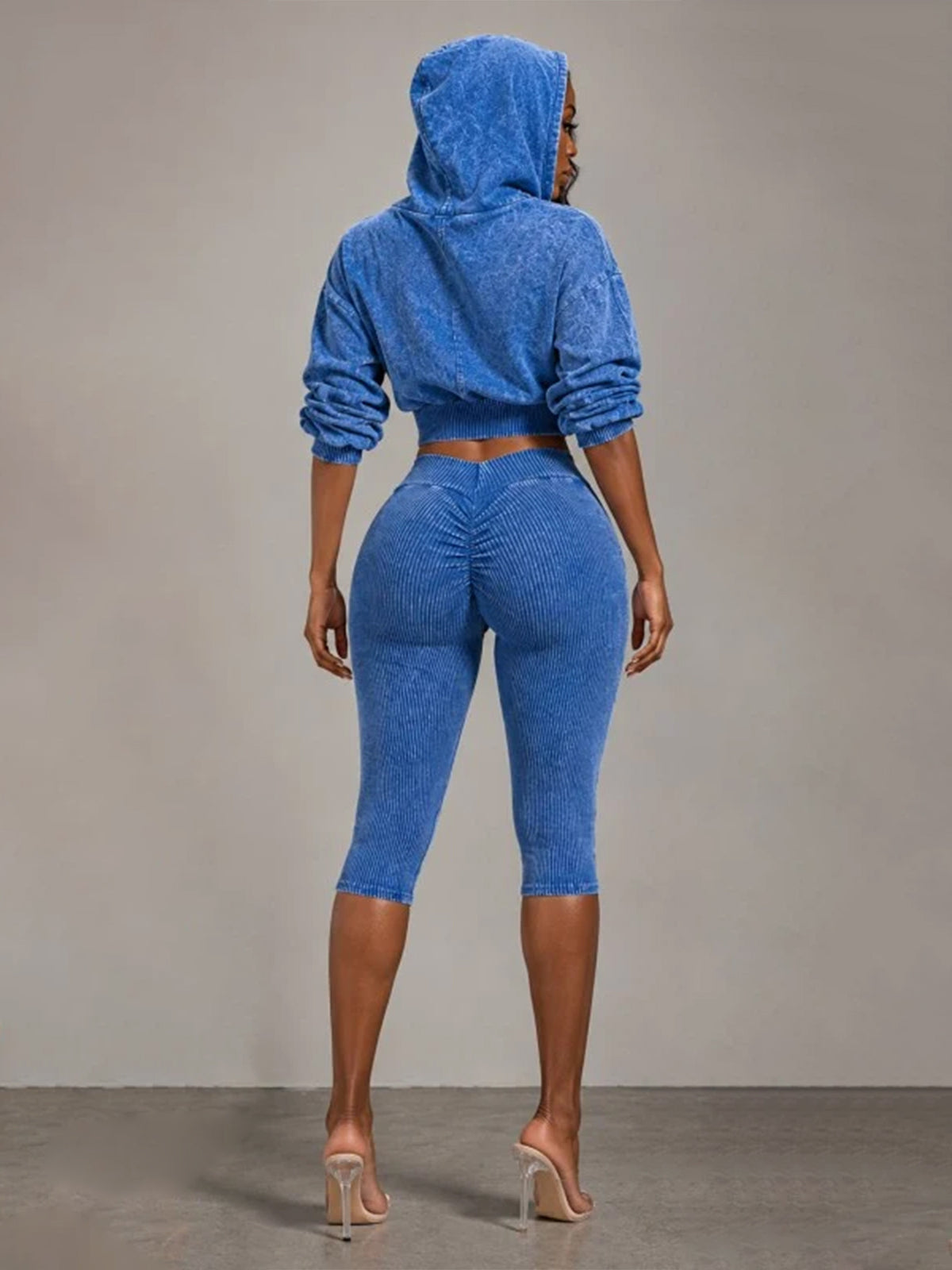 MB1734 Washed Ribbed Cropped Hoodie & Scrunch‑Butt Capri Leggings 2‑Piece Set