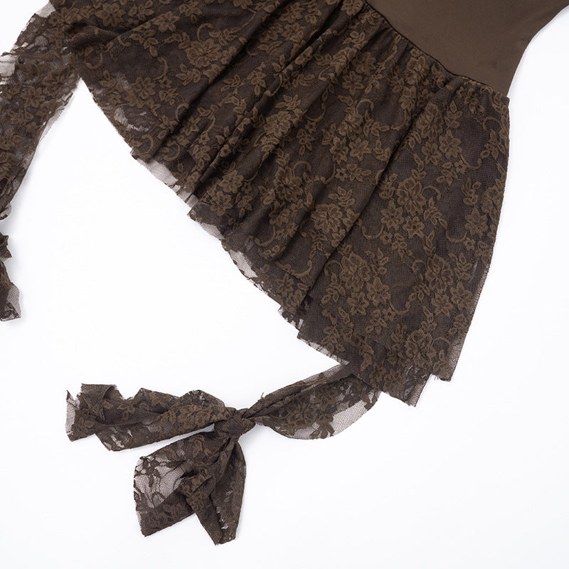 MB1415 Brown Lace Long Sleeve Mini Dress for Women