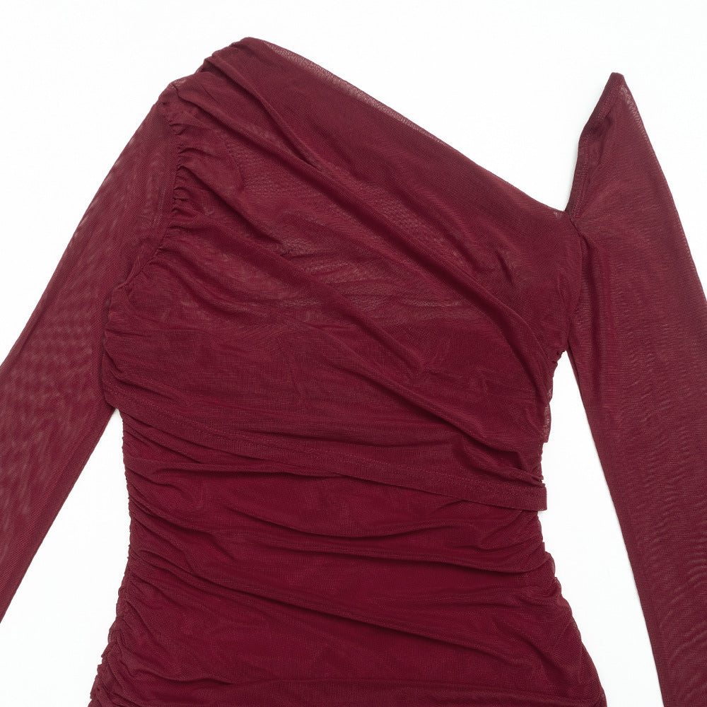 MB1320 One-Shoulder Mesh Long Sleeve Ruched Maxi Dress