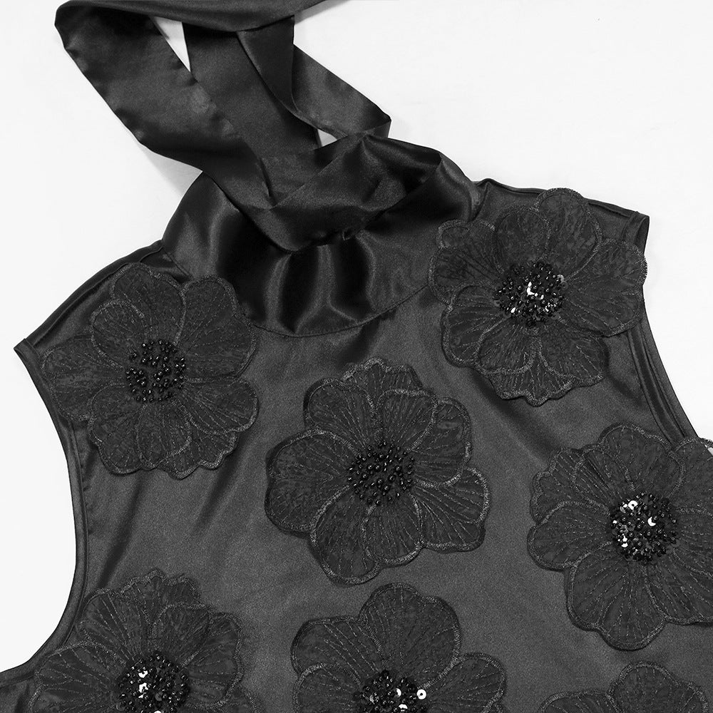 MB1215 Satin Sleeveless Midi Dress with 3D Floral Embellishments