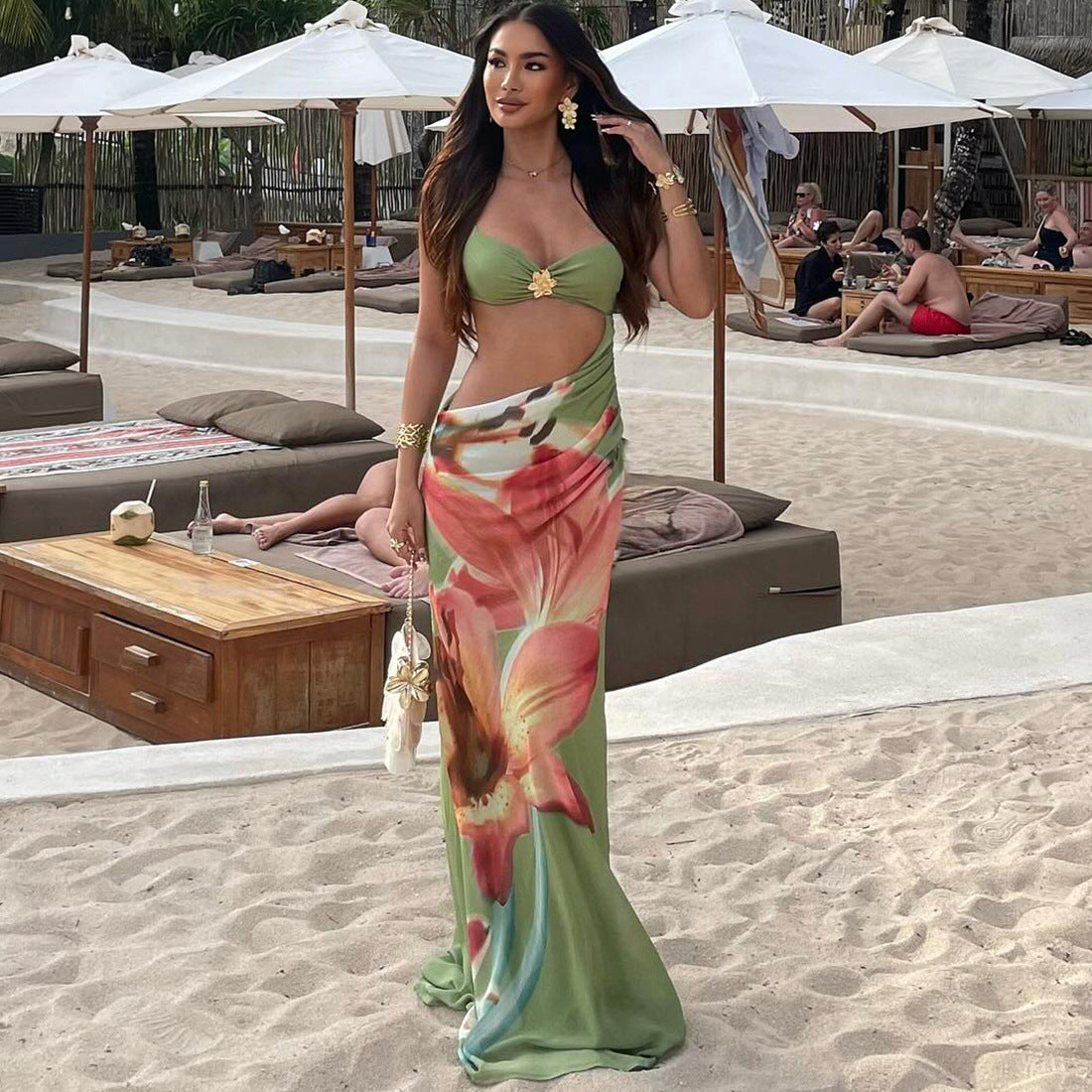 MB1169 Green Lily Print Cut Out Maxi Dress | Spaghetti Strap Backless Bodycon Gown