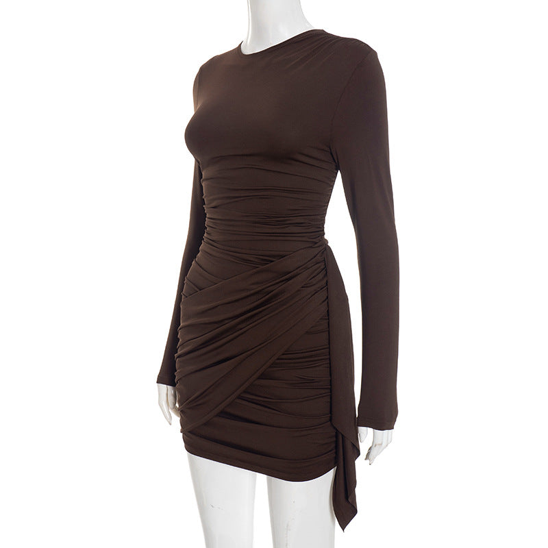 MB1442 Women's Ruched Draped Mini Dress with Long Sleeves