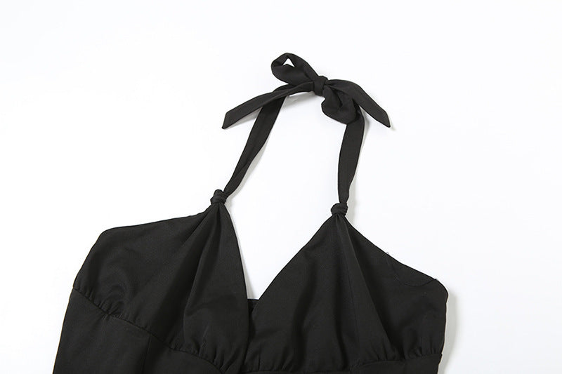 MB1318 Halter Neck Deep V Mesh Ruffle Romper