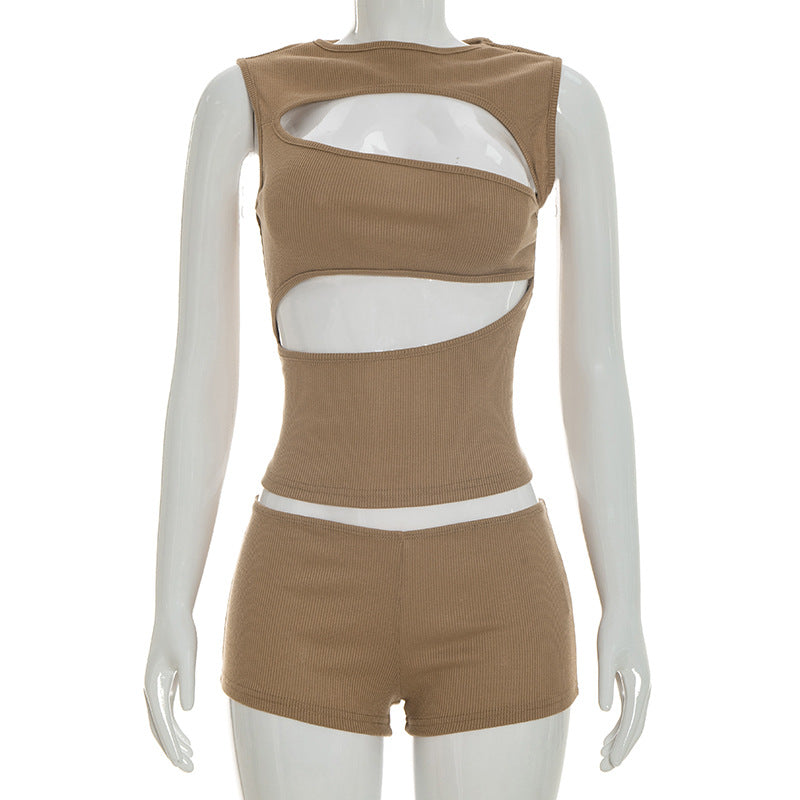 MB10165 Ribbed Cutout Sleeveless Crop Top & Mini Shorts 2 Piece Outfit | Women Solid Color Matching Loungewear Set