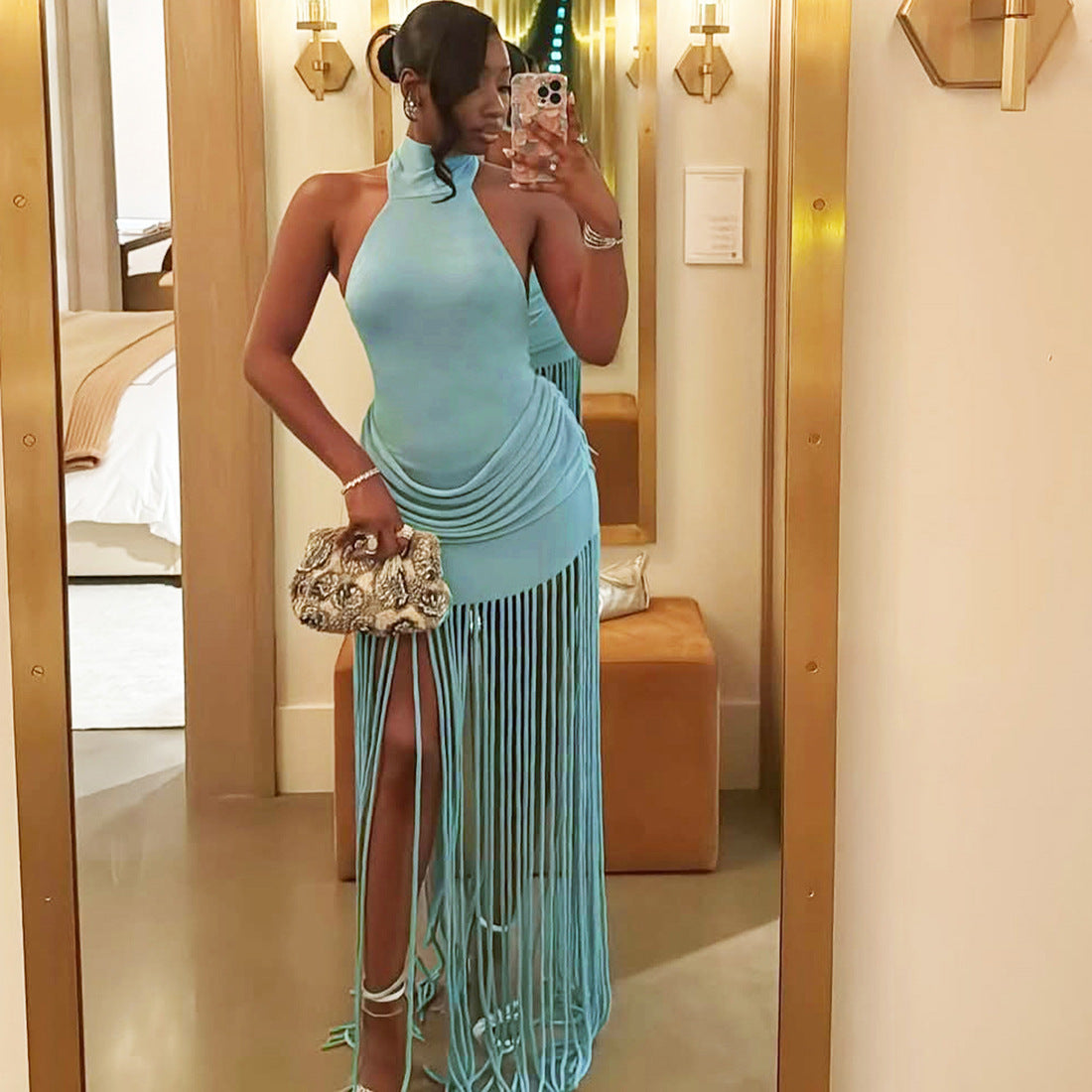 MB1158 Women's Halter Neck Maxi Dress with Long Fringe Tassels