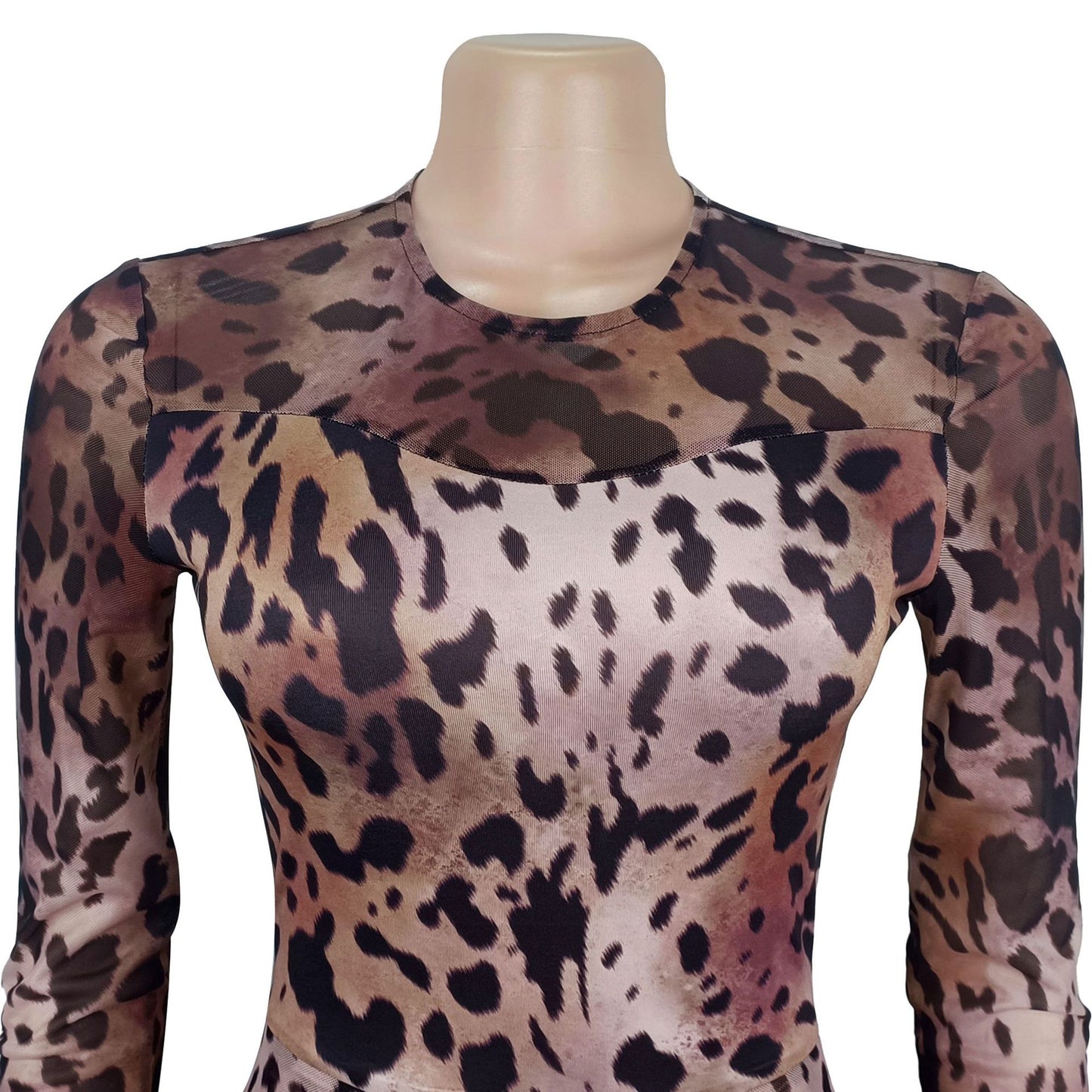 MB1607 Taupe Leopard Print Sheer Mesh Bodycon Jumpsuit