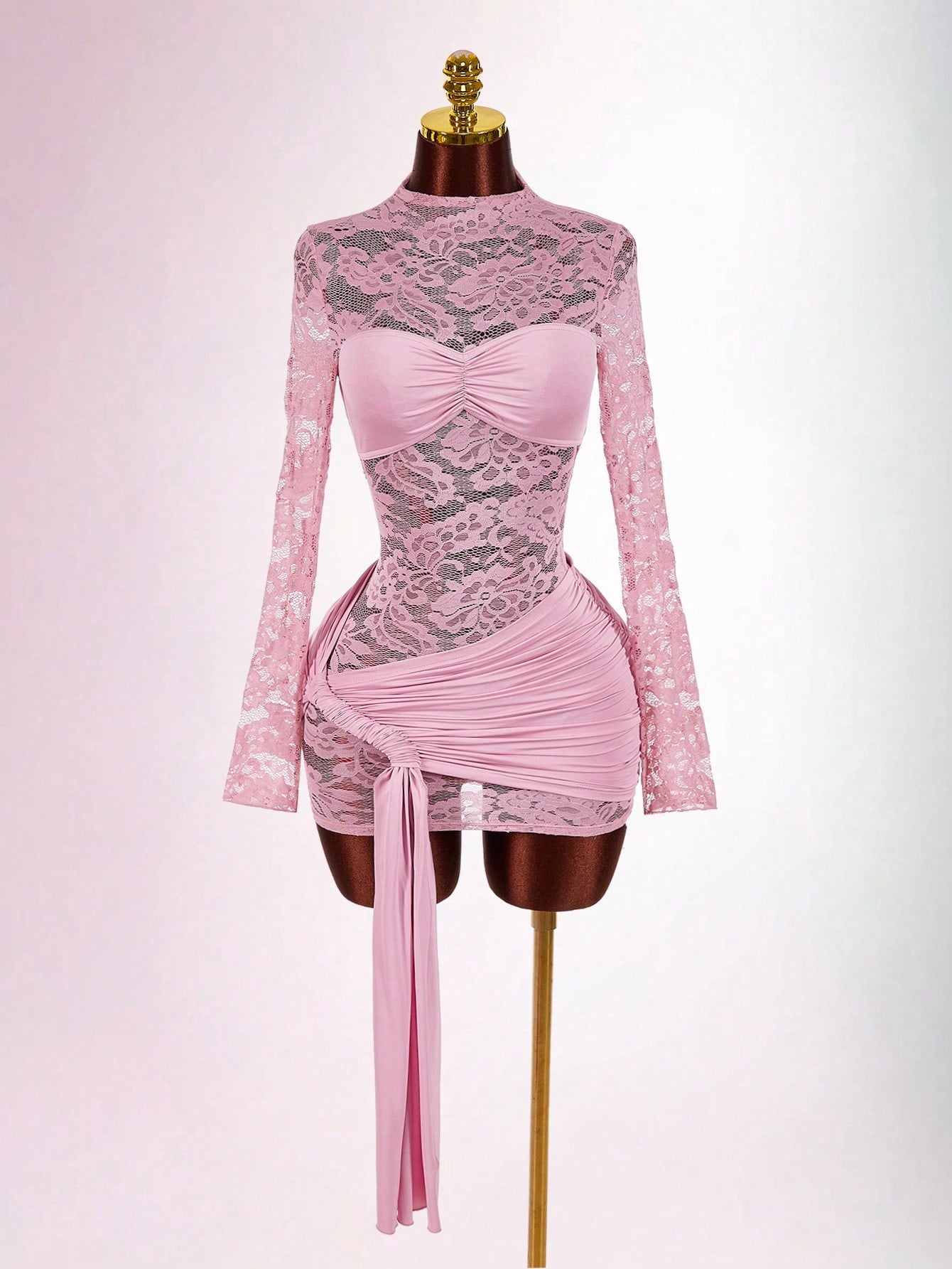 MB2004  White Lace Sheer Long Sleeve Bodycon Mini Dress - Ruched Draped Party Dress for Women 