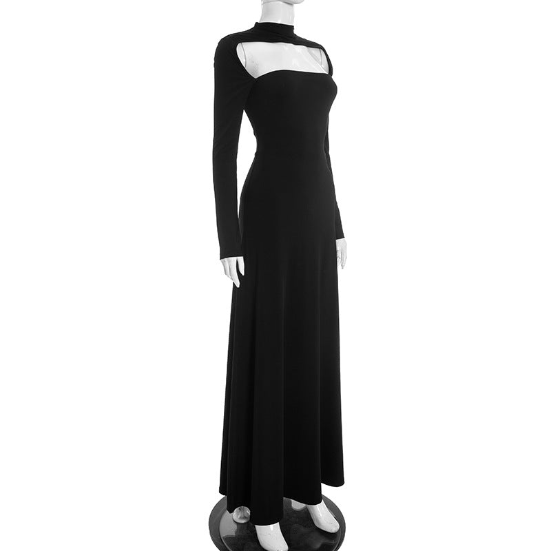 MB1445  Solid Color Long Sleeve High Neck Cutout Maxi Dress