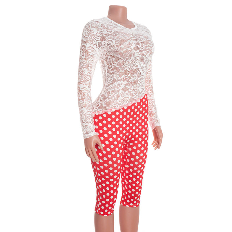 MB10119 White Lace Open Back Jumpsuit - Red Polka Dot Legs Party Romper