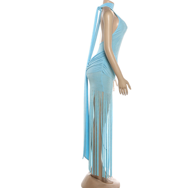 MB1158 Women's Halter Neck Maxi Dress with Long Fringe Tassels