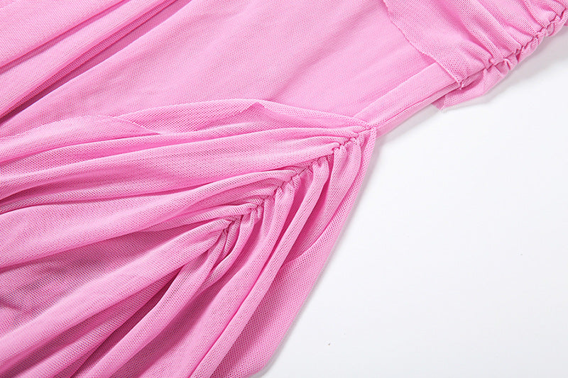 MB1901 Pink Two-Piece Mesh Set – Spaghetti Strap Crop Top & High Waist Maxi Skirt