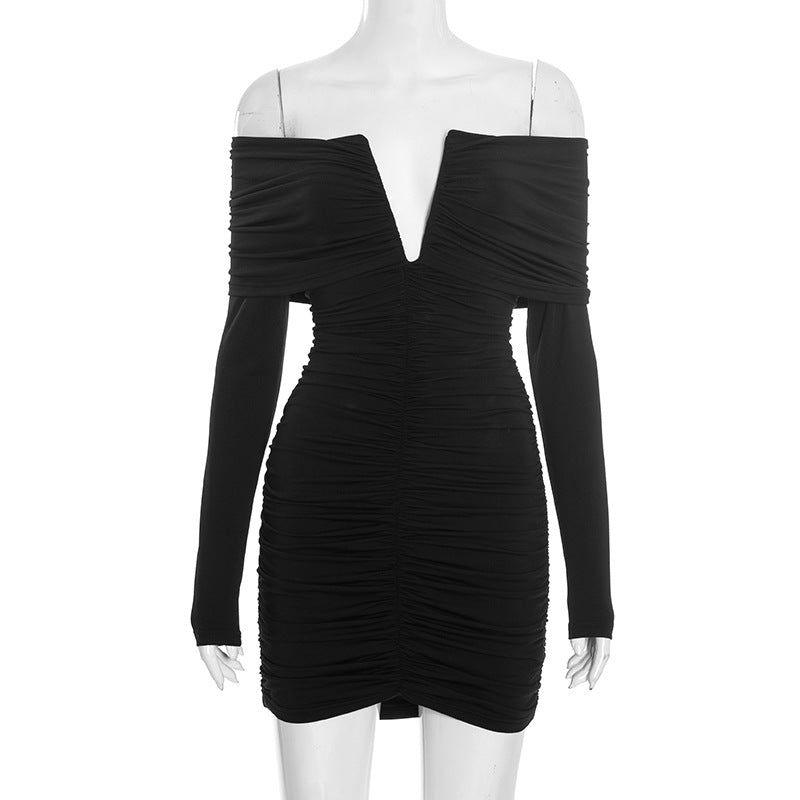 MB1410 Off-The-Shoulder Deep V Ruched Bodycon Mini Dress