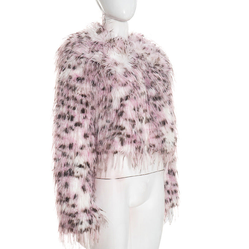 MB10141 Women’s Pink Leopard Print Long Fur Cropped Jacket