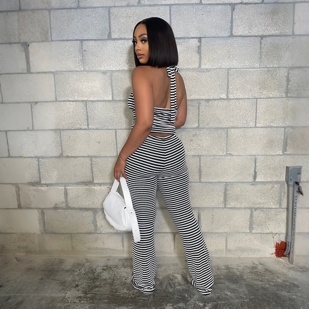 MB1220 Jacquard Stripe Crop Top & Wide Leg Pants Two Piece Set