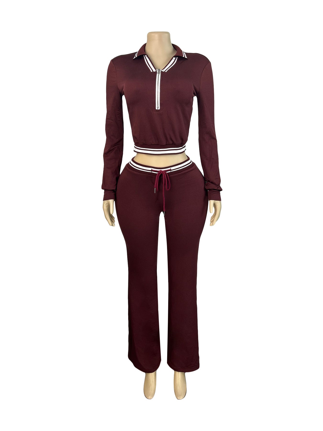 MB1713 Women's Half-Zip Crop Top & Drawstring Wide-Leg Pants Two-Piece Set