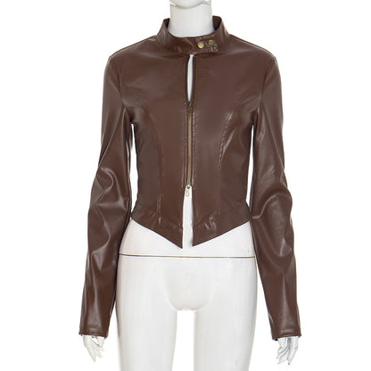 MB1040 Stand Collar PU Leather Zip-Up Jacket