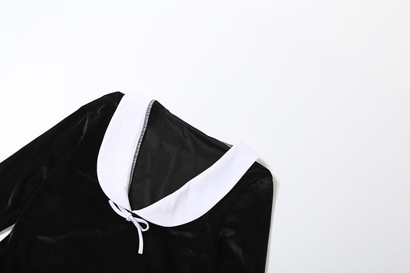 MB1140 Black Velvet Sailor Collar Two Piece Set - Crop Top & Mini Skirt