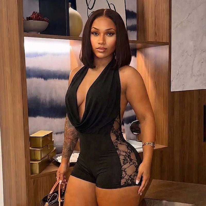 MB10166 Lace Patchwork Halter Romper | Deep V Cowl Neck Backless Bodycon Short Jumpsuit for Women
